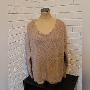 Cozy Ee:Some Textured Fuzzy V-Neck Sweater - Beige - Women's M/L